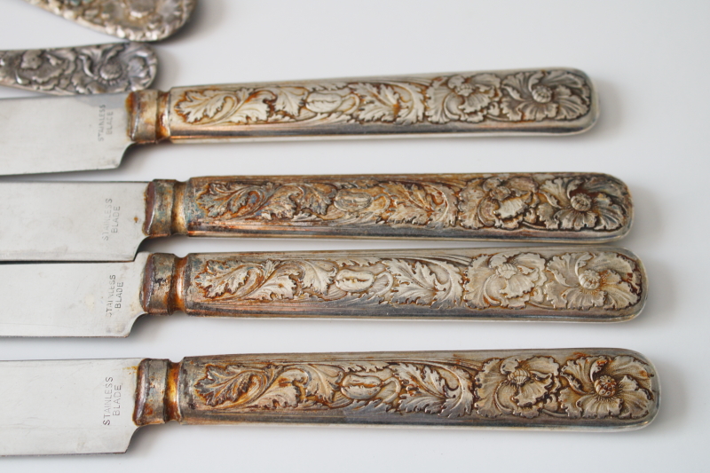 photo of 1930s vintage pure silver plate flatware, art nouveau style poppies floral heavy embossed design  #7