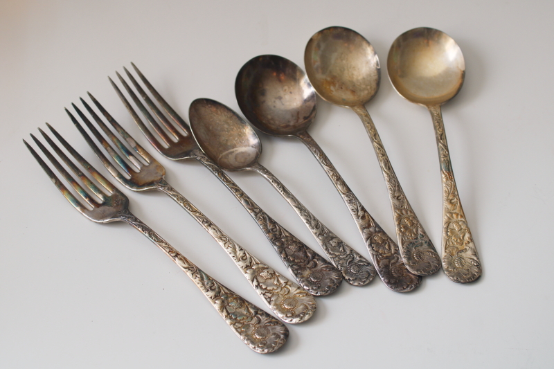 photo of 1930s vintage pure silver plate flatware, art nouveau style poppies floral heavy embossed design  #12
