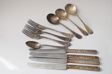 catalog photo of 1930s vintage pure silver plate flatware, art nouveau style poppies floral heavy embossed design 