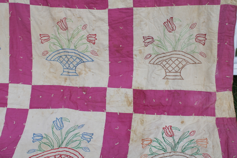 photo of 1930s vintage quilt embroidered cotton flour sacks fabric, shabby antique needs cleaning #7