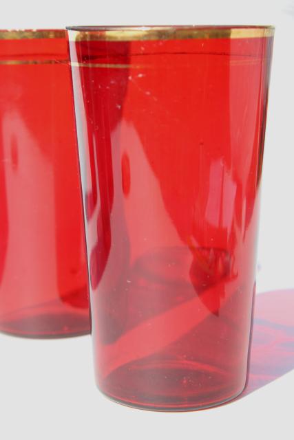 photo of 1930s vintage ruby red glass tumblers, drinking glasses w/ gold band trim #3