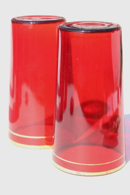 photo of 1930s vintage ruby red glass tumblers, drinking glasses w/ gold band trim #4