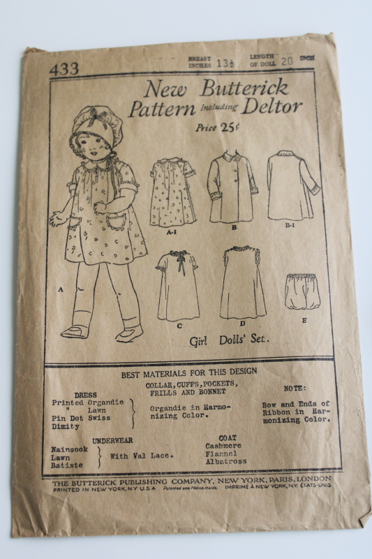 photo of 1930s vintage sewing pattern, antique Butterick pattern for doll clothes, dress & bonnet  #2