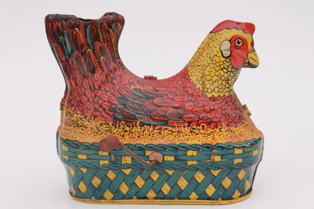 photo of 1930s vintage tin toy laying hen, metal litho print chicken on nest w/ egg #2