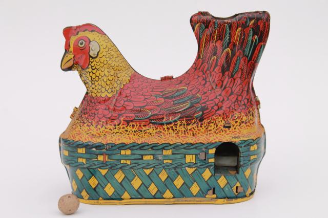 photo of 1930s vintage tin toy laying hen, metal litho print chicken on nest w/ egg #4