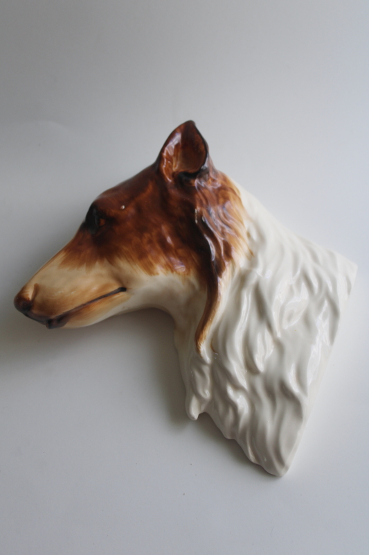 photo of 1930s vintage wall plaque, beautiful hand painted ceramic collie dog head profile  #1