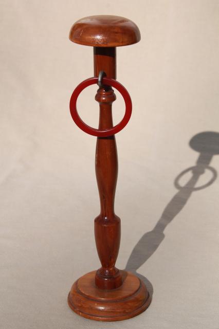 photo of 1930s vintage wood wig stand / ladies hat display store fixure w/ bakelite ring for scarves or ribbons #2