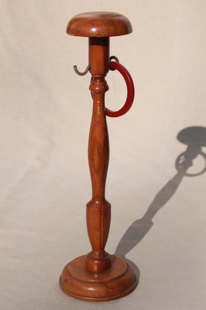 photo of 1930s vintage wood wig stand / ladies hat display store fixure w/ bakelite ring for scarves or ribbons #3