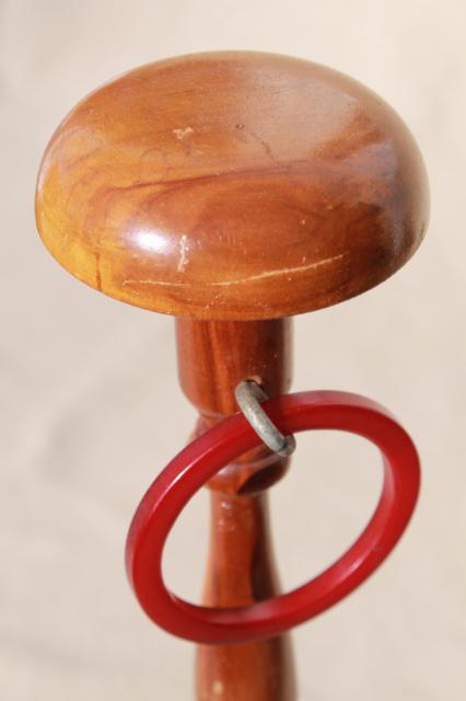 photo of 1930s vintage wood wig stand / ladies hat display store fixure w/ bakelite ring for scarves or ribbons #7