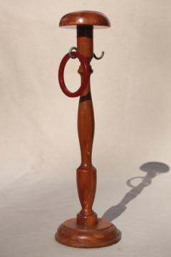 catalog photo of 1930s vintage wood wig stand / ladies hat display store fixure w/ bakelite ring for scarves or ribbons