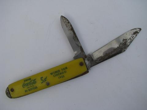 photo of 1930s vintage yellow bakelite Coca-Cola advertising pocket knife, World's Fair #1