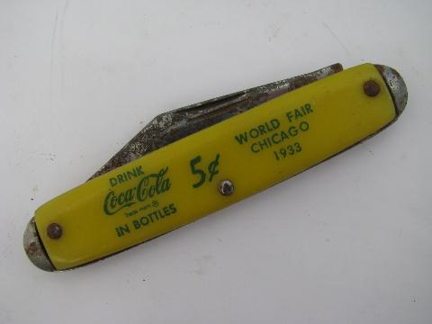 photo of 1930s vintage yellow bakelite Coca-Cola advertising pocket knife, World's Fair #3