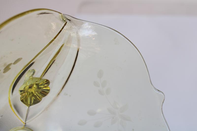 photo of 1930s yellow depression glass, vintage Jubilee pattern three toed bowl Lancaster glass #5