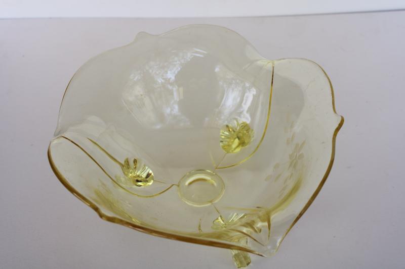 photo of 1930s yellow depression glass, vintage Jubilee pattern three toed bowl Lancaster glass #8