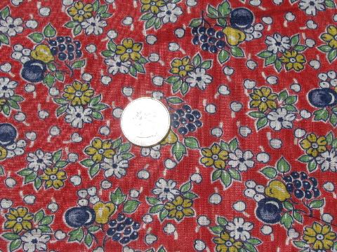 photo of 1930s-40s vintage fruit print on red cotton fabric, for kitchen aprons etc. #1