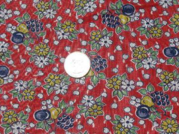 catalog photo of 1930s-40s vintage fruit print on red cotton fabric, for kitchen aprons etc.