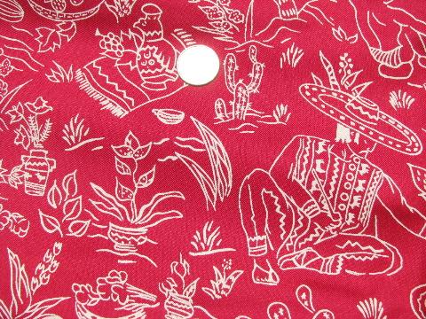 photo of 1930s-40s vintage pure silk fabric, Old Mexico print in white on maroon #1