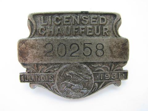 photo of 1931 licensed Illinois chauffeur badge pin license #1