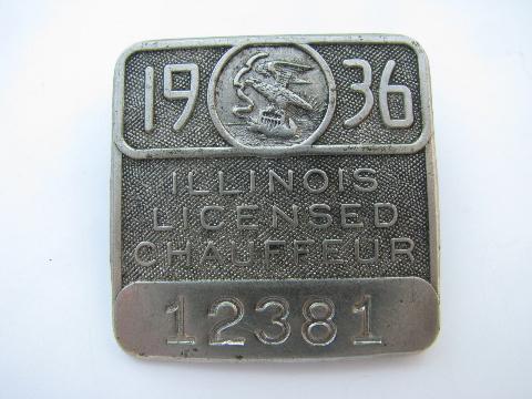photo of 1936 licensed Illinois chauffeur badge pin license #1