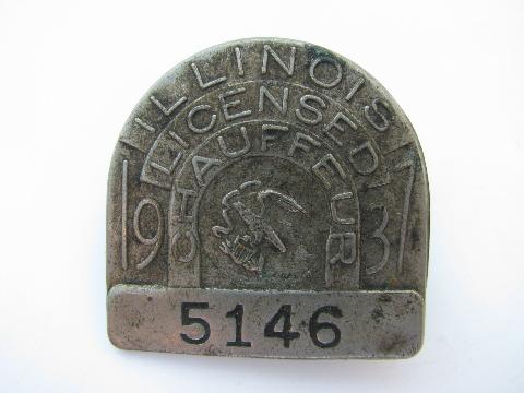 photo of 1937 licensed Illinois chauffeur badge pin license #1