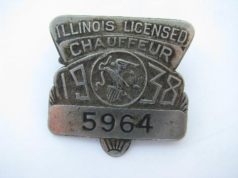 photo of 1938 licensed Illinois chauffeur badge pin license #1