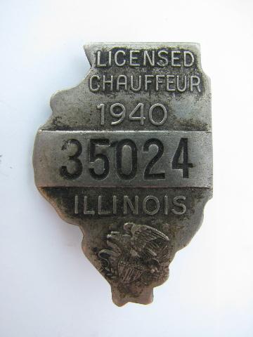 photo of 1940 licensed Illinois chauffeur badge pin license #1