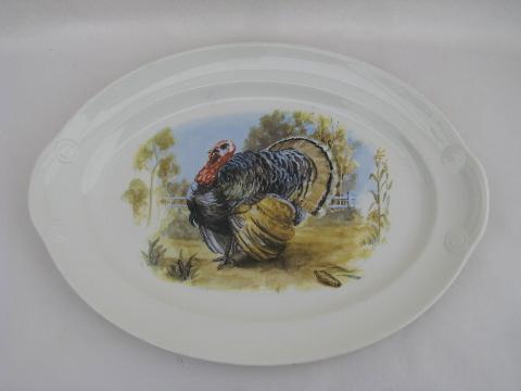 photo of 1940s - 50s Thanksgiving turkey pattern platter, vintage USA china dinnerware #1