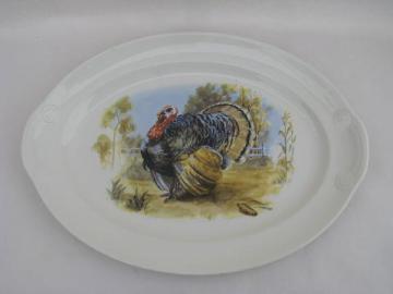 catalog photo of 1940s - 50s Thanksgiving turkey pattern platter, vintage USA china dinnerware