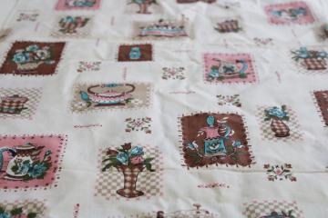 catalog photo of 1940s 50s feed sack weave cotton fabric, pink aqua brown kitchen things print, vintage cottagecore