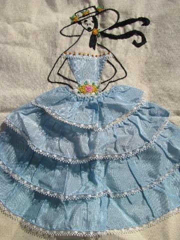 photo of 1940s - 50s ruffled embroidered cotton pillow cover, southern belle crinoline lady #2