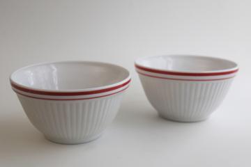 catalog photo of 1940s 50s vintage Anchor Hocking Fire King milk glass bowls, red band border 