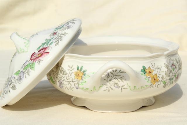 photo of 1940s 50s vintage English Royal Doulton china platters, bowls, tureen Stratford floral on ivory #8