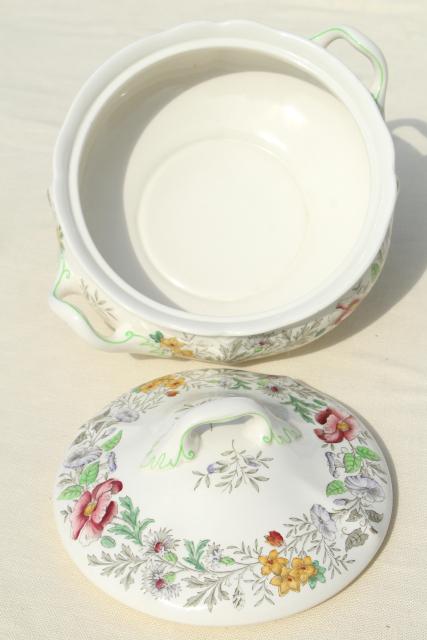 photo of 1940s 50s vintage English Royal Doulton china platters, bowls, tureen Stratford floral on ivory #9