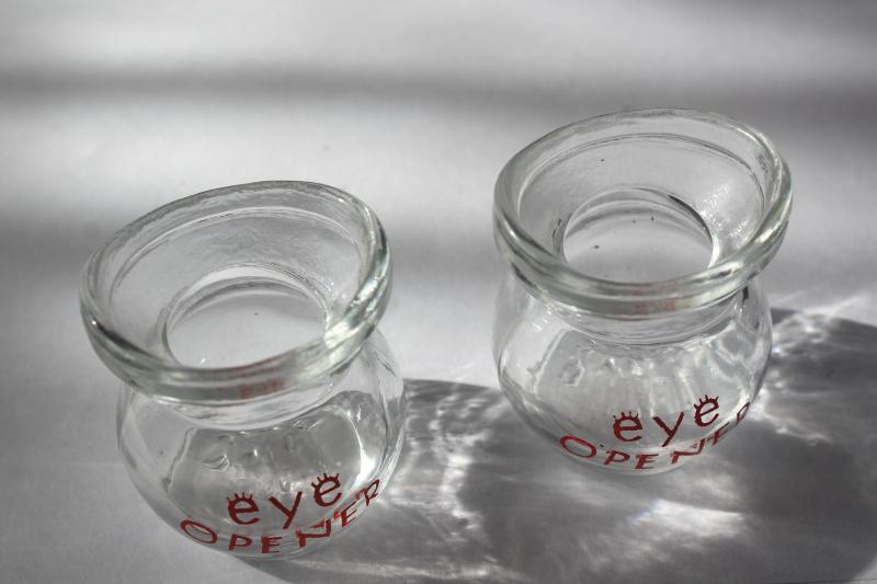 photo of 1940s 50s vintage Glasco eye wash cups, hand painted Eye Opener shot glasses, novelty barware #1