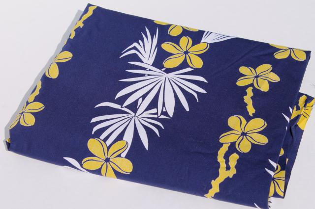 photo of 1940s 50s vintage Hawaiian print fabric, navy blue cotton w/ tropical palms & flowers #3