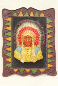 catalog photo of 1940s 50s vintage Indian chief wall plaque,       handmade scout camp craft for retro cabin lodge