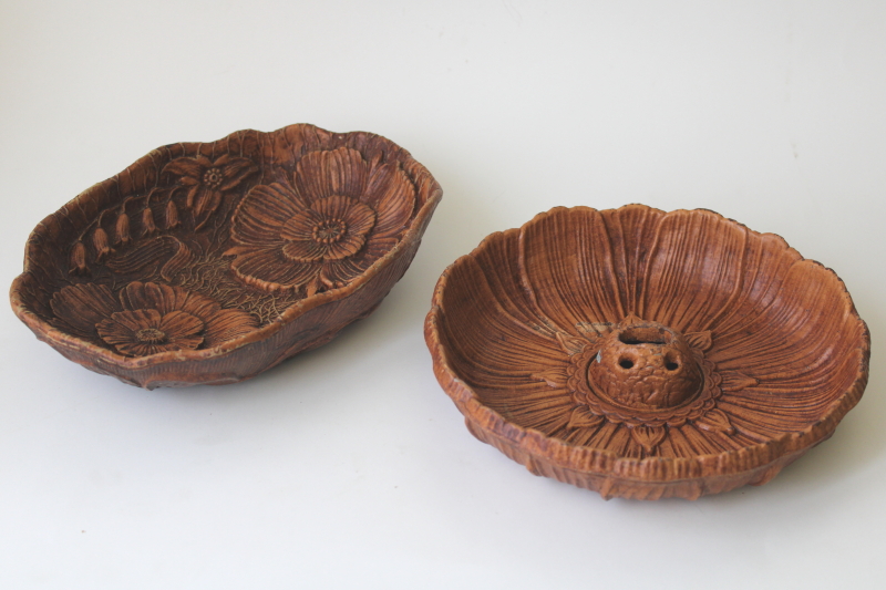 photo of 1940s 50s vintage Multi Products carved wood look bowls, nut bowl & flowers #1