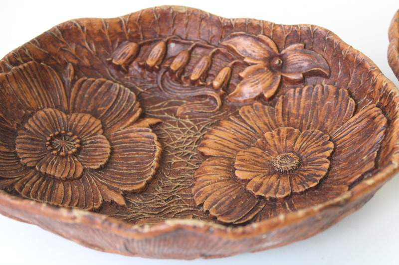 photo of 1940s 50s vintage Multi Products carved wood look bowls, nut bowl & flowers #3