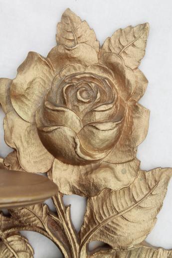 photo of 1940s 50s vintage Syroco Wood shelves, ornate gold rose leaf wall bracket shelf set #2