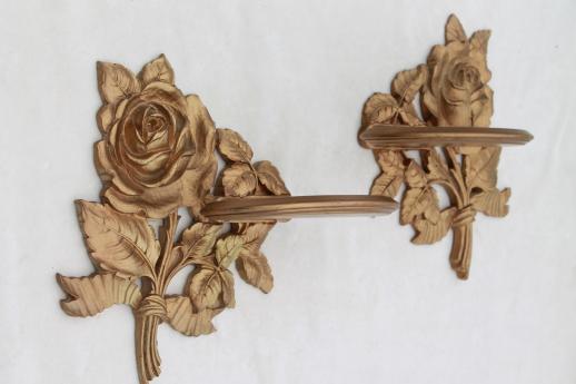 photo of 1940s 50s vintage Syroco Wood shelves, ornate gold rose leaf wall bracket shelf set #6