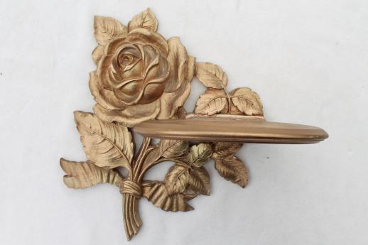 photo of 1940s 50s vintage Syroco Wood shelves, ornate gold rose leaf wall bracket shelf set #7