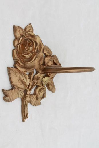 photo of 1940s 50s vintage Syroco Wood shelves, ornate gold rose leaf wall bracket shelf set #9