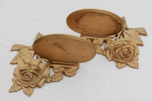 photo of 1940s 50s vintage Syroco Wood shelves, ornate gold rose leaf wall bracket shelf set #11