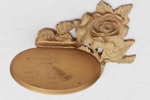 photo of 1940s 50s vintage Syroco Wood shelves, ornate gold rose leaf wall bracket shelf set #12