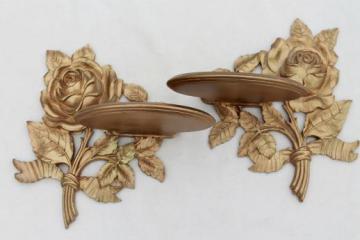 catalog photo of 1940s 50s vintage Syroco Wood shelves, ornate gold rose leaf wall bracket shelf set