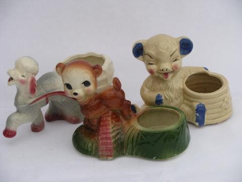 photo of 1940s - 50s vintage USA pottery animal planters, french poodle cart, laughing bears! #1