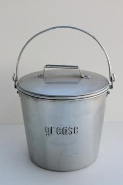 catalog photo of 1940s 50s vintage aluminum lunch pail, Grease drippings can w/ bucket handle