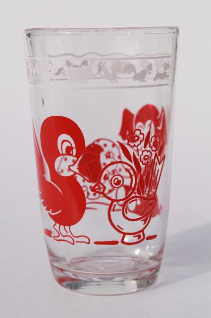 photo of 1940s 50s vintage child's milk or juice glass w/ baby birds & elephants print #1