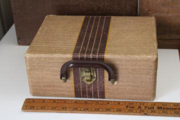 catalog photo of 1940s 50s vintage childs size suitcase or skate case, Oshkosh style luggage brown stripe on tan