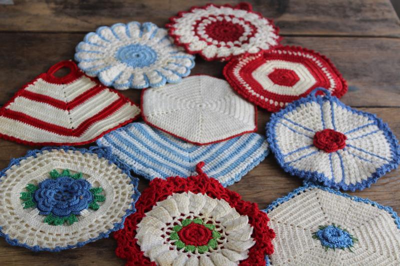 photo of 1940s - 50s vintage cotton crochet potholders, red white blue hot pad mats #1